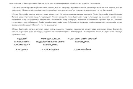 Улсын бүртгэлийн нэгдсэн ангилал, код батлах тухай /УБЕГ, ХХМТГ, ҮСХ-ны даргын хамтарсан 2021 оны 03 дугаар сарын 18-ны өдрийн А/29, А/24, А/175 дугаар тушаал/