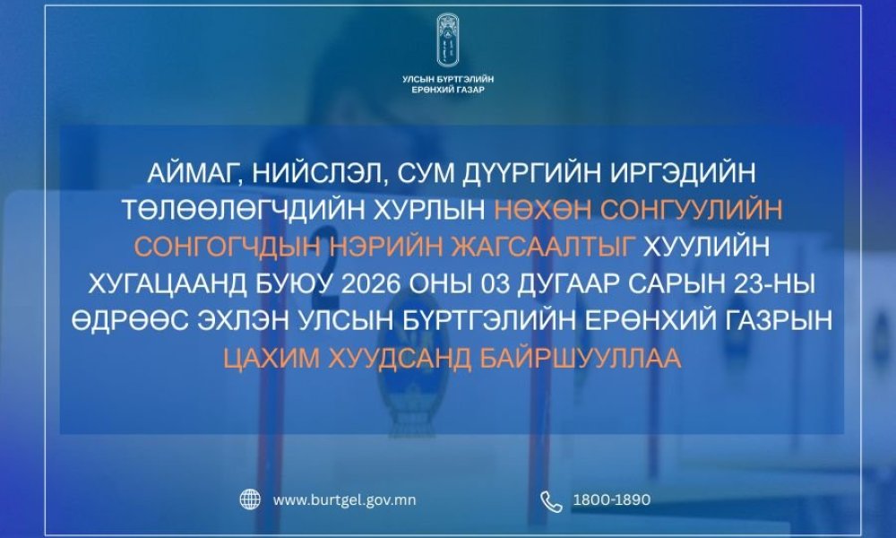 Аймаг , нийслэл, сум дүүргийн иргэдийн төлөөлөгчдийн хурлын нөхөн сонгууль 2026 оны 06 дугаар сарын 21-ний өдөр зохион байгуулагдах юм.