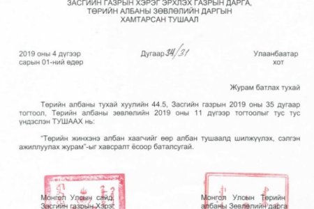 Төрийн жинхэнэ албан хаагчийг өөр албан тушаалд шилжүүлэх, сэлгэн ажиллуулах журам /2019.04.01/