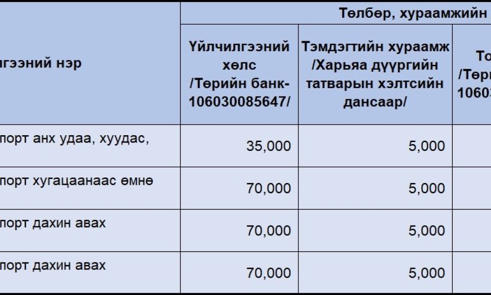 Үндэсний энгийн гадаад паспортын төлбөрийн мэдээлэл