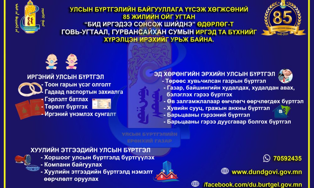“БИД ИРГЭДЭЭ СОНСОЖ, ШИЙДНЭ” өдөрлөг Говь-Угтаал, Гурвансайхан суманд 2025 оны 09-р сарын 04-05-ны өдрүүдэд зөөврийн 4g төхөөрөмж ашиглан бүртгэлийн үйлчилгээг түргэн шуурхай хүргэн ажиллана.