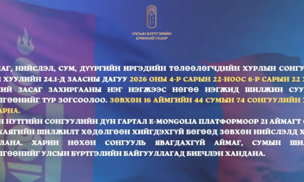2026 оны 4-р сарын 22-ноос 6-р сарын 22 хүртэл иргэний засаг захиргааны нэг нэгжээс нөгөө нэгжид шилжин суурьших хөдөлгөөнийг түр зогсоолоо