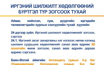 ИРГЭНИЙ ШИЛЖИЛТ ХӨДӨЛГӨӨНИЙ БҮРТГЭЛ ТҮР ЗОГСООХ ТУХАЙ