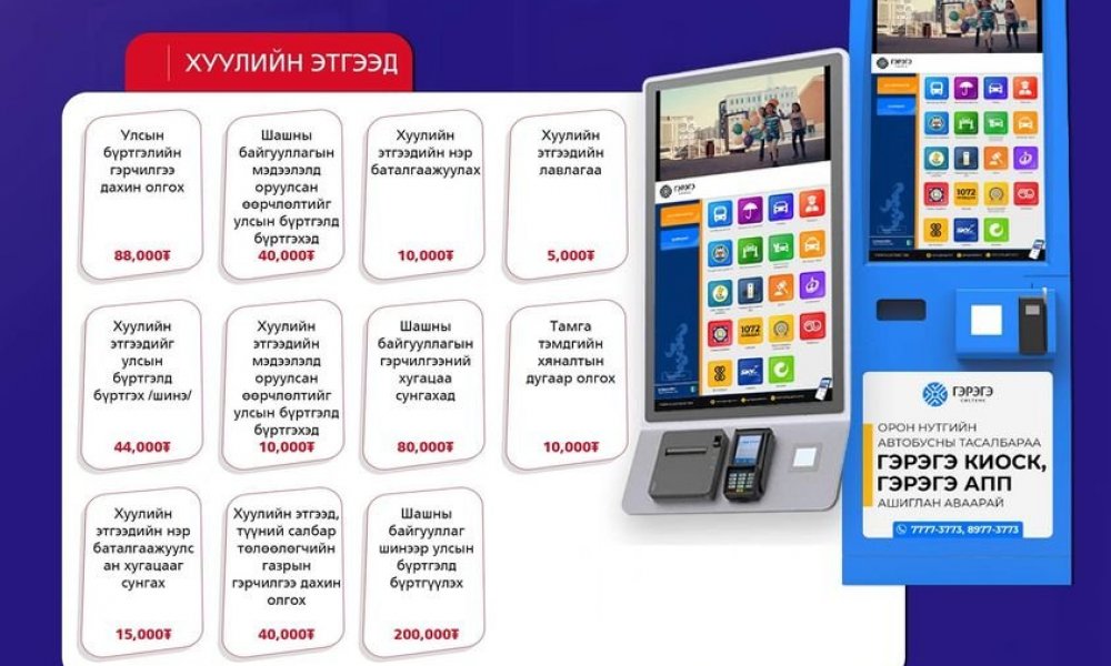 ГЭРЭГЭ КИОСК ТӨЛБӨРИЙН МАШИНААР БҮРТГЭЛИЙН ҮЙЛЧИЛГЭЭНИЙ ТӨЛБӨРӨӨ ТӨЛӨӨРЭЙ