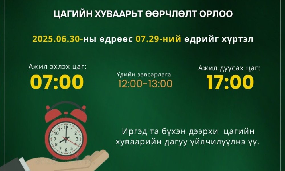 ЦАГИЙН ХУВААРЬТ ӨӨРЧЛӨЛТ ОРЛОО