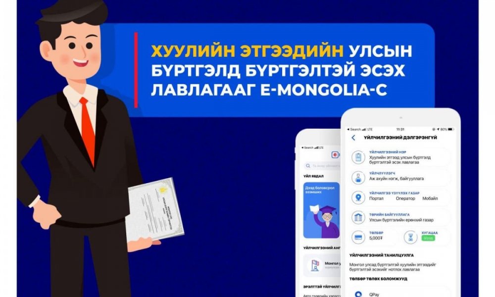 ХУУЛИЙН ЭТГЭЭДИЙН УЛСЫН БҮРТГЭЛД БҮРТГЭЛТЭЙ ЭСЭХ ЛАВЛАГАА-г E-Mongolia-с аваарай.