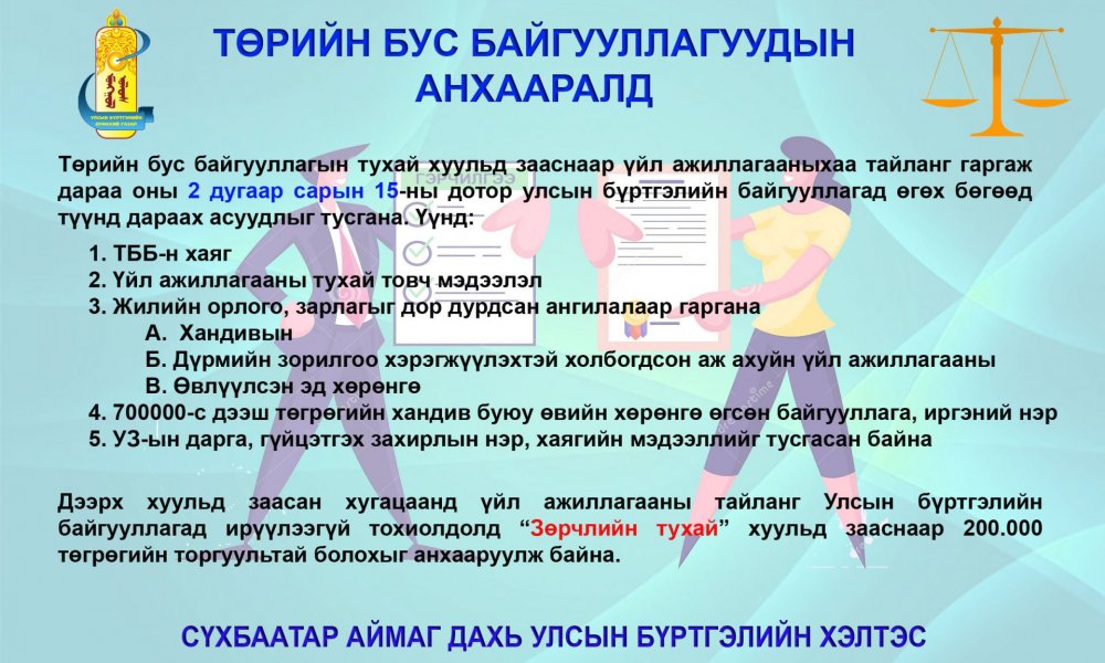 ТӨРИЙН БУС БАЙГУУЛЛАГЫН ҮҮСГЭН БАЙГУУЛАГЧ НАРЫН АНХААРАЛД