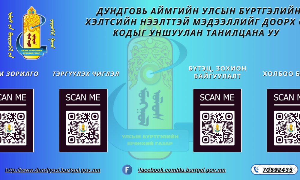 ДУНДГОВЬ АЙМГИЙН УЛСЫН БҮРТГЭЛИЙН ХЭЛТСИЙН НЭЭЛТТЭЙ МЭДЭЭЛЭЛТЭЙ ДООРХ QR КОДЫГ УНШУУЛАН ТАНИЛЦАНА УУ  Дэлгэрэнгүй мэдээ мэдээллийг байгууллагын https://dundgovi.burtgel.gov.mn/ цахим хуудаснаас авна уу