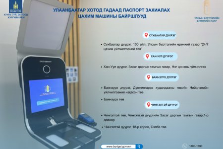 Иргэн та Улаанбаатар хотод үндэсний энгийн цахим гадаад паспорт захиалахдаа дараах байршлуудад хандана уу