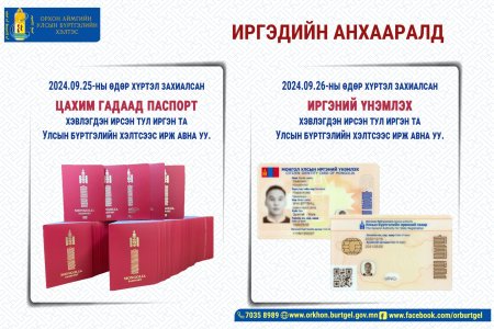 Мэдээлэл: Иргэний үнэмлэх болон цахим гадаад паспорт хэвлэгдэн ирсэн тул Улсын бүртгэлийн хэлтсээс ирж авна уу