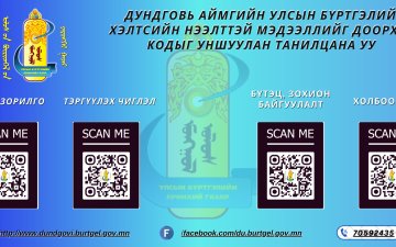 ДУНДГОВЬ АЙМГИЙН УЛСЫН БҮРТГЭЛИЙН ХЭЛТСИЙН НЭЭЛТТЭЙ МЭДЭЭЛЭЛТЭЙ ДООРХ QR КОДЫГ УНШУУЛАН ТАНИЛЦАНА УУ  Дэлгэрэнгүй мэдээ мэдээллийг байгууллагын https://dundgovi.burtgel.gov.mn/ цахим хуудаснаас авна уу