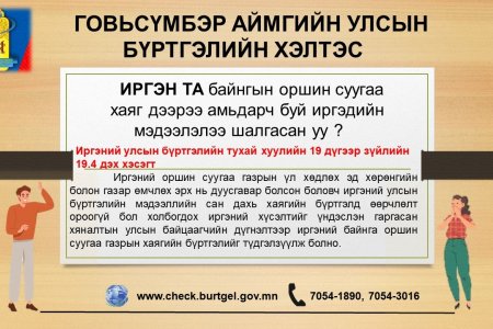 БАЙНГЫН ОРШИН СУУГАА ХАЯГИЙН МЭДЭЭЛЭЛ ШАЛГАХ 