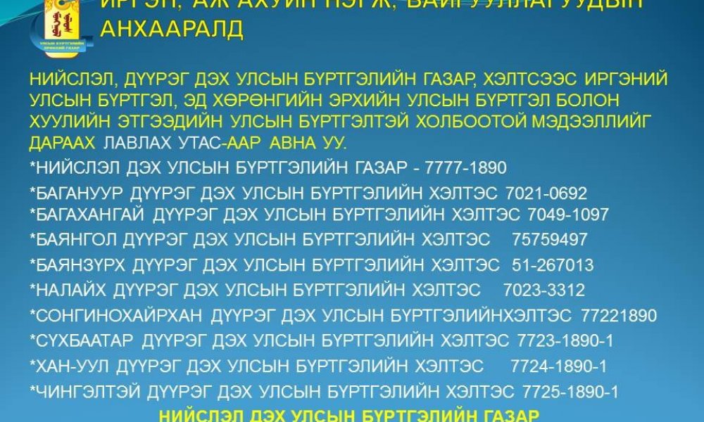 Дүүрэг дэх Улсын бүртгэлийн хэлтэс лавлах утас