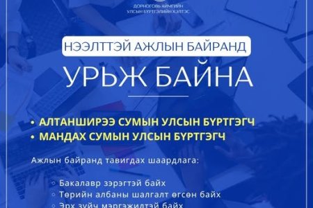 Таныг нээлттэй ажлын байранд урьж байна.