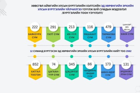 ХӨВСГӨЛ АЙМГИЙН 12 СУМАНД ЭД ХӨРӨНГИЙН ЭРХИЙН УЛСЫН БҮРТГЭЛ ХӨТЛӨГДӨЖ БАЙНА.
