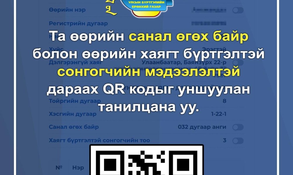 Аймаг, нийслэл, сум, дүүргийн иргэдийн төлөөлөгчдийн хурлын сонгуулийн тухай хуулийн 20 дугаар зүйлийн 20.4-т заасны дагуу сонгогч та дараах заавраар өөрийн болон өөрийн байнга оршин суугаа хаягийн мэдээлэлтэй танилцана уу.