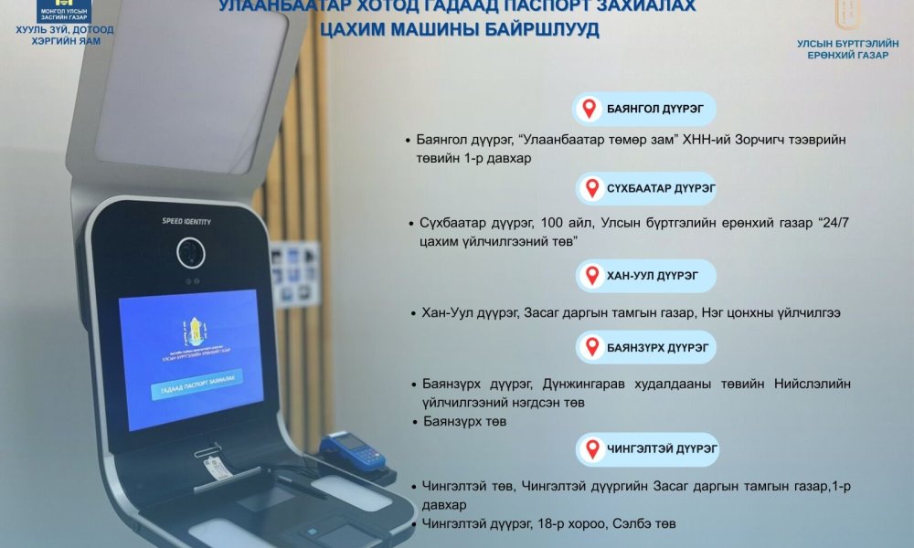Иргэн та Улаанбаатар хотод үндэсний энгийн цахим гадаад паспорт захиалахдаа дараах байршлуудад хандана уу
