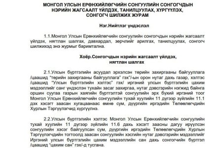 Монгол Улсын Ерөнхийлөгчийн сонгуулийн сонгогчдын нэрийн жагсаалт үйлдэх, танилцуулах, хүргүүлэх, сонгогч шилжих журам /2021.01.20/