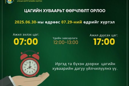 ЦАГИЙН ХУВААРЬТ ӨӨРЧЛӨЛТ ОРЛОО