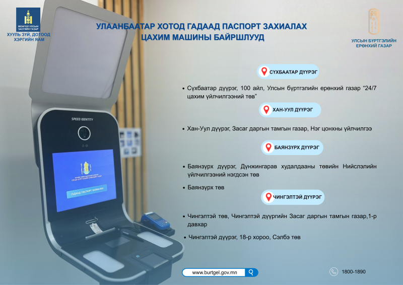 Иргэн та Улаанбаатар хотод үндэсний энгийн цахим гадаад паспорт захиалахдаа дараах байршлуудад хандана уу