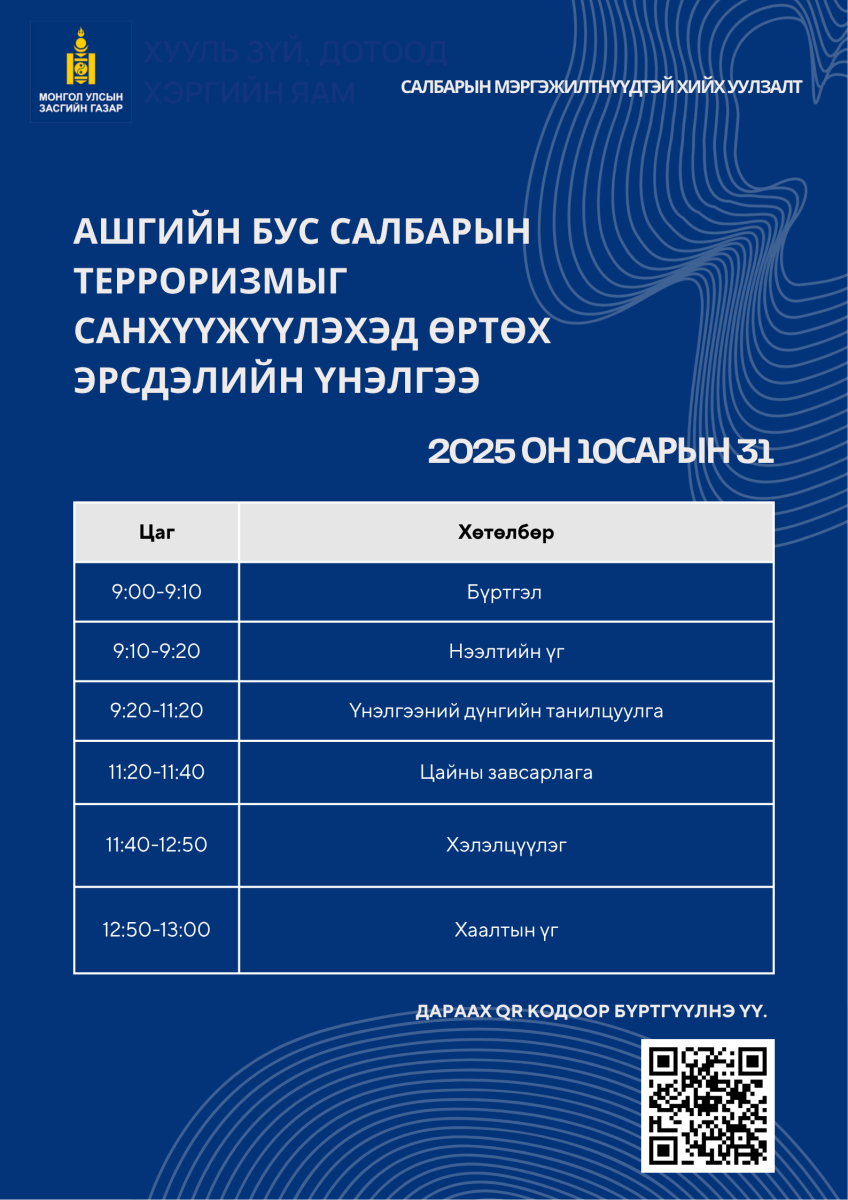 Ашгийн бус байгууллагуудыг терроризмыг санхүүжүүлэхэд өртөх эрсдэлийн үнэлгээний хүрээнд салбарын мэргэжилтнүүдтэй хийж буй хэлэлцүүлэгт оролцохыг урьж байна