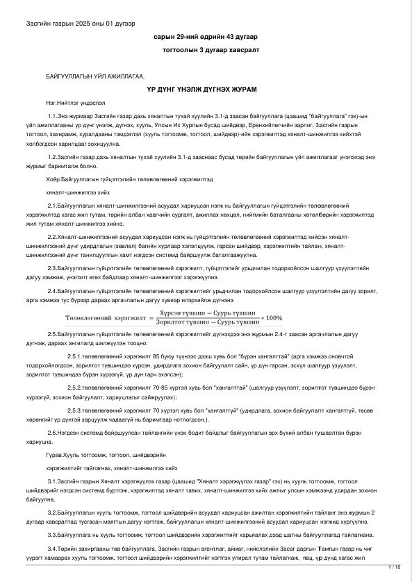 ЗГ-ын 2025.01.29-ний 43.3 тогтоолын Байгууллагын үйл ажиллагаа, үр дүнг үнэлж дүгнэх журам