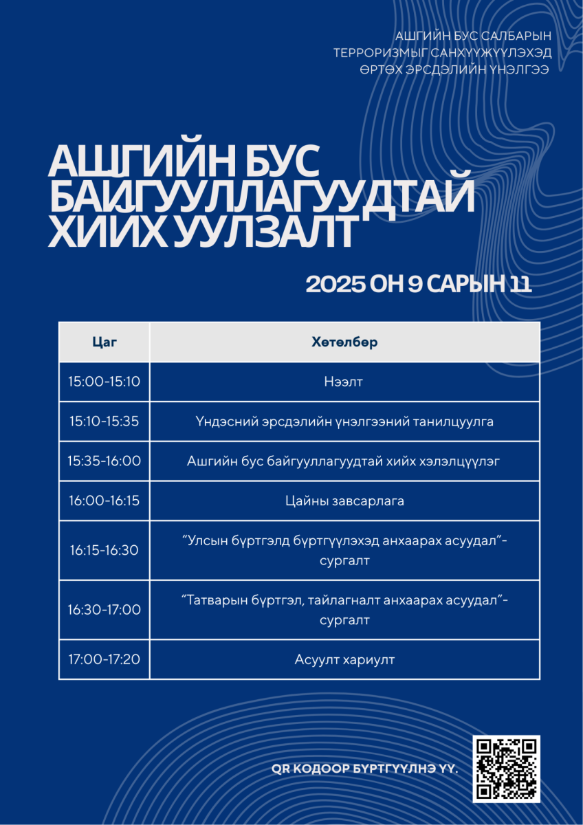 Ашгийн бус байгууллагуудыг терроризмыг санхүүжүүлэхэд өртөх эрсдэлийн үнэлгээний хүрээнд хийж буй хэлэлцүүлэгт оролцохыг урьж байна