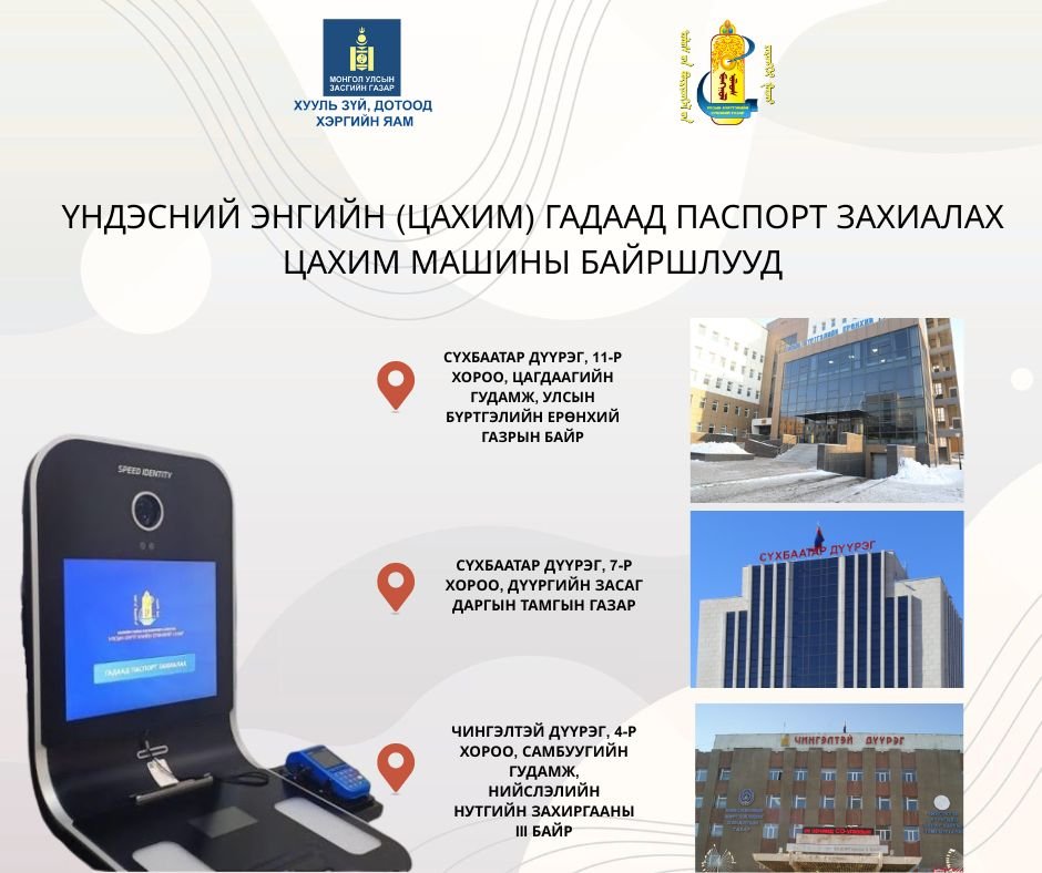 Үндэсний энгийн цахим гадаад паспорт захиалах цахим машины байршлууд
