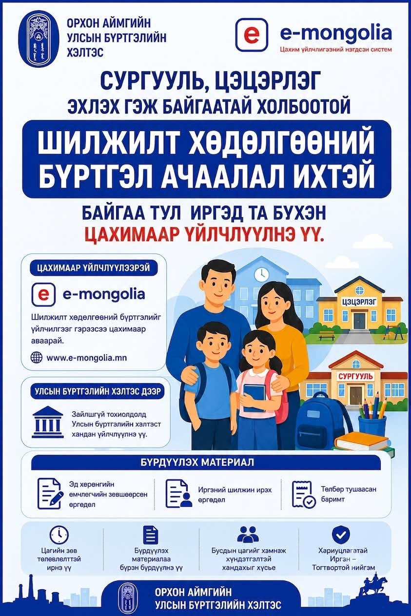 Шилжилт хөдөлгөөний бүртгэлийг цахимаар хийлгээрэй