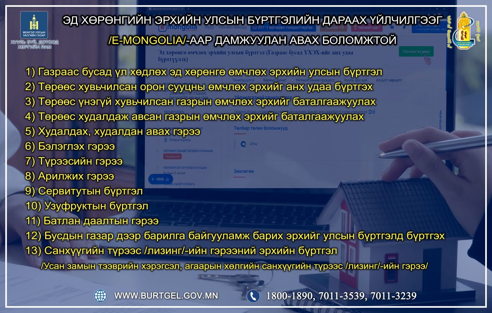 E-mongolia системээр дамжуулан Эд хөрөнгийн эрхийн улсын бүртгэлийн дараах үйлчилгээг цахимаар авах боломжтой