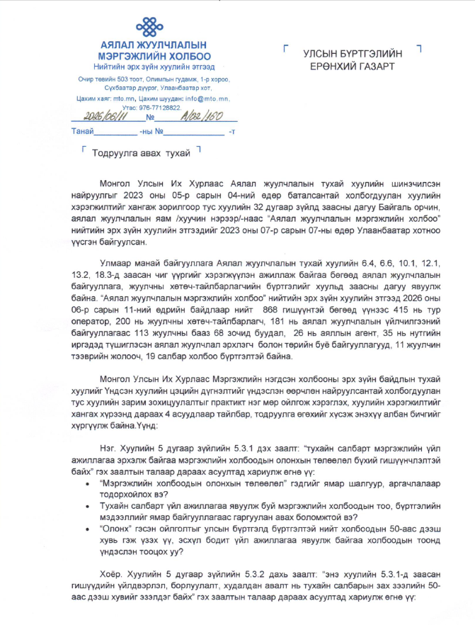 БУСАД БАЙГУУЛЛАГА, ИРГЭНЭЭС ӨГСӨН САНАЛ: ”Мэргэжлийн нэгдсэн холбоог бүртгэх журам”-ын төсөлд ирүүлсэн санал