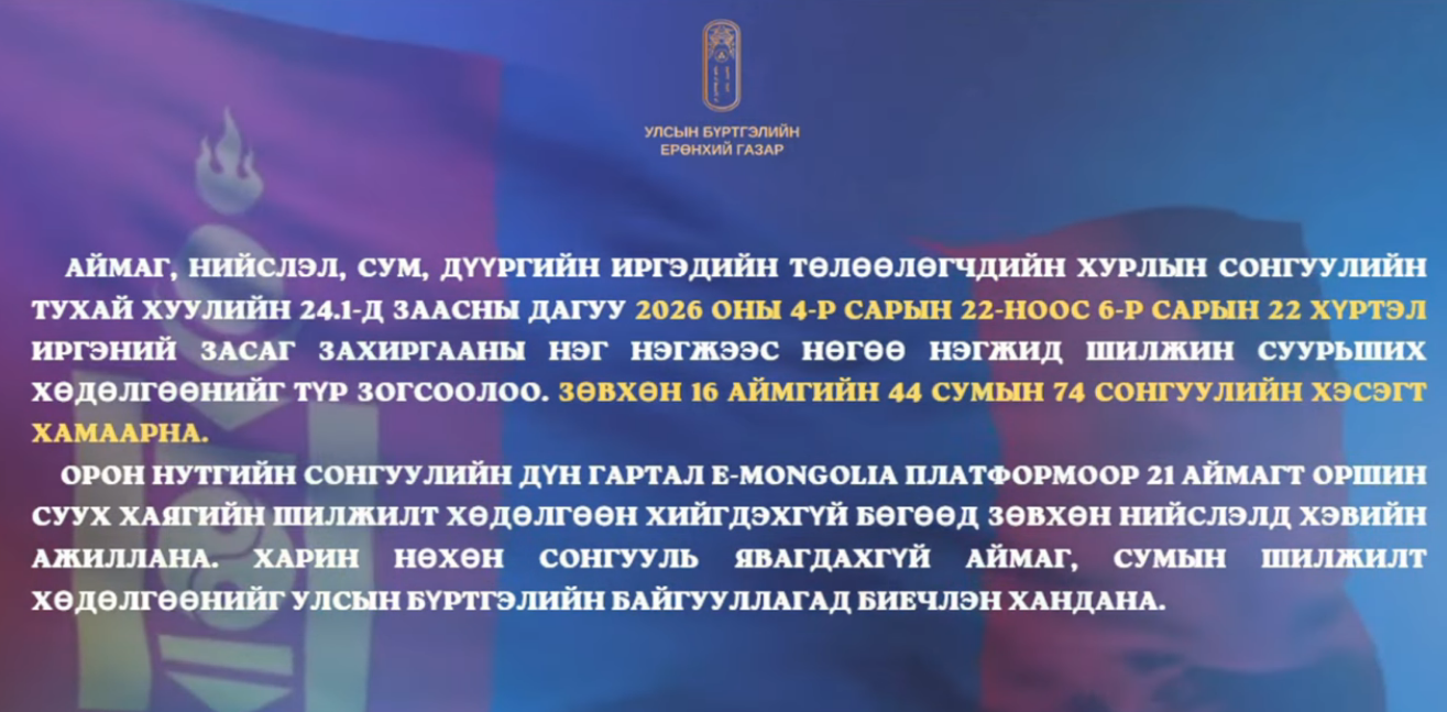 2026 оны 4-р сарын 22-ноос 6-р сарын 22 хүртэл иргэний засаг захиргааны нэг нэгжээс нөгөө нэгжид шилжин суурьших хөдөлгөөнийг түр зогсоолоо