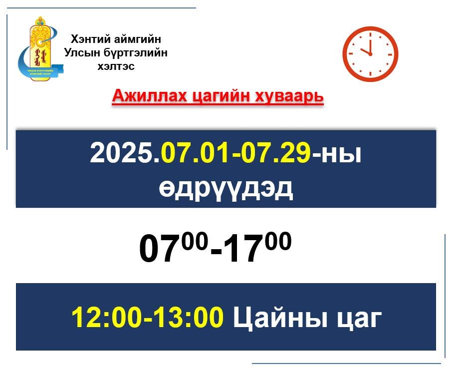 УЛСЫН БҮРТГЭЛИЙН ХЭЛТСИЙН АЖИЛЛАХ ЦАГИЙН ХУВААРЬТ ӨӨРЧЛӨЛТ ОРЛОО
